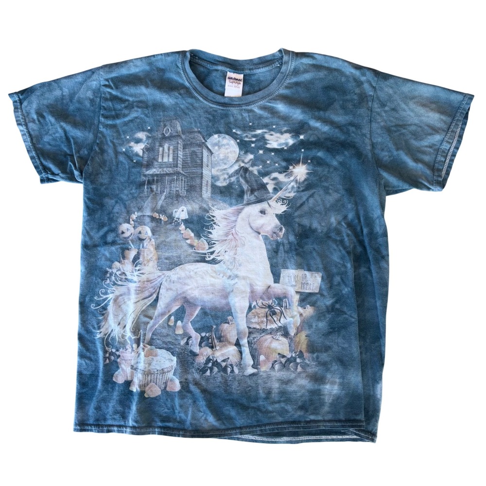 Gildan Softstyle Kids Halloween Witch Unicorn Haunted House Tie Dye Shirt L